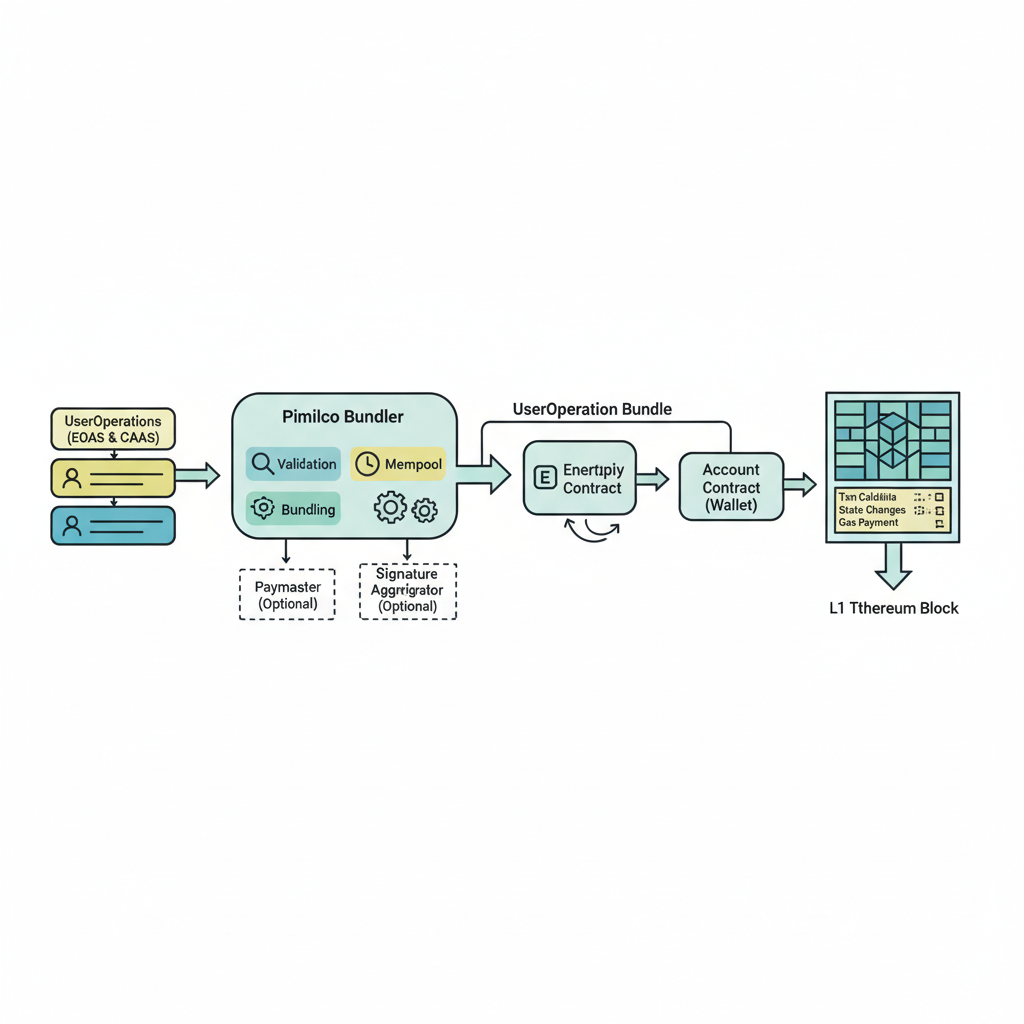 UserOperation bundle diagram with Pimlico bundler, ERC-4337 components flowing into Ethereum block