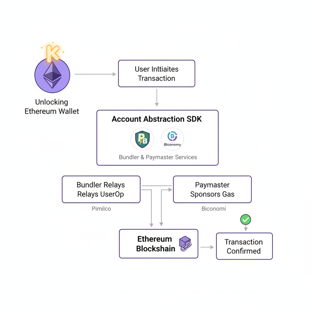 digital key icon unlocking Ethereum wallet, authentication flow diagram with Pimlico and Biconomy logos