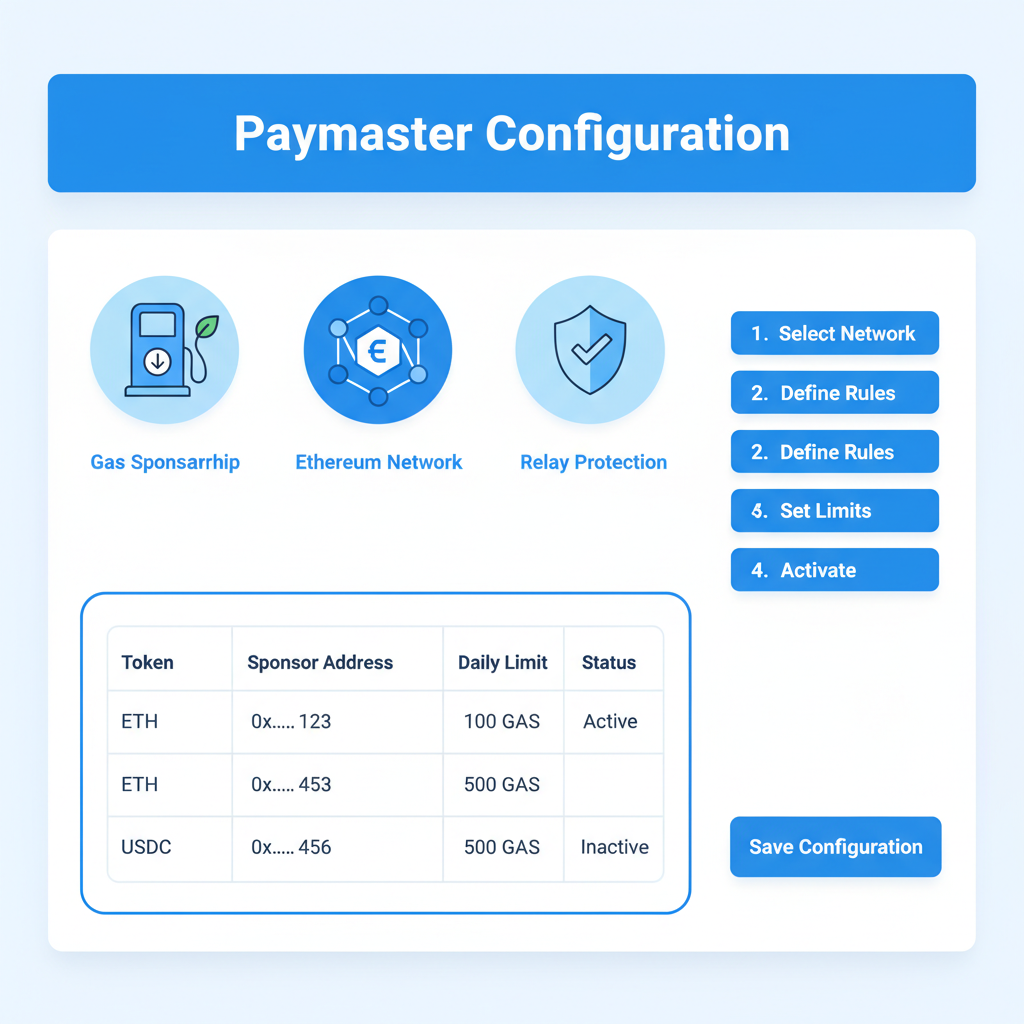 Paymaster configuration dashboard, gas sponsorship icons, Ethereum symbols, professional blue and white theme