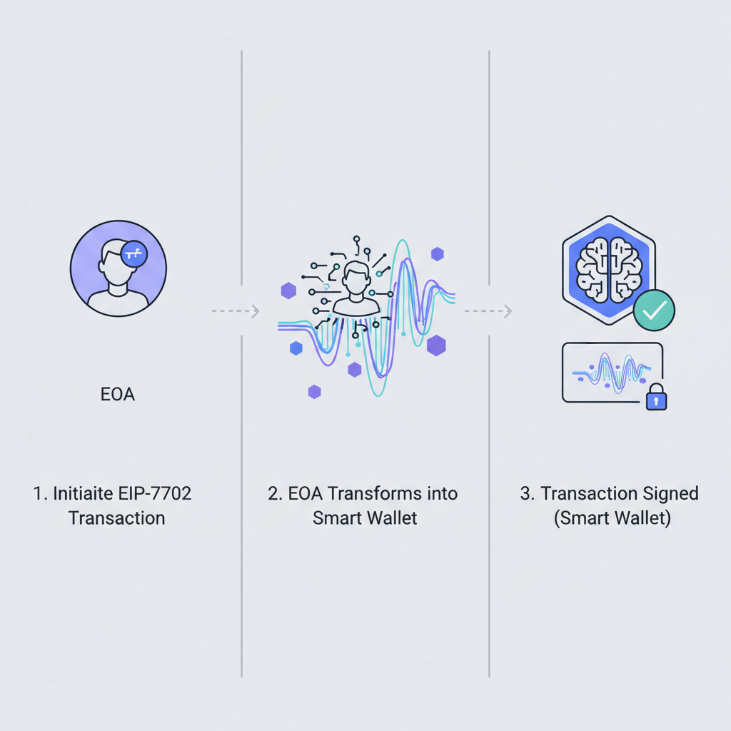 EIP-7702 transaction signing visualization, EOA transforming into smart wallet icon, signature waveform