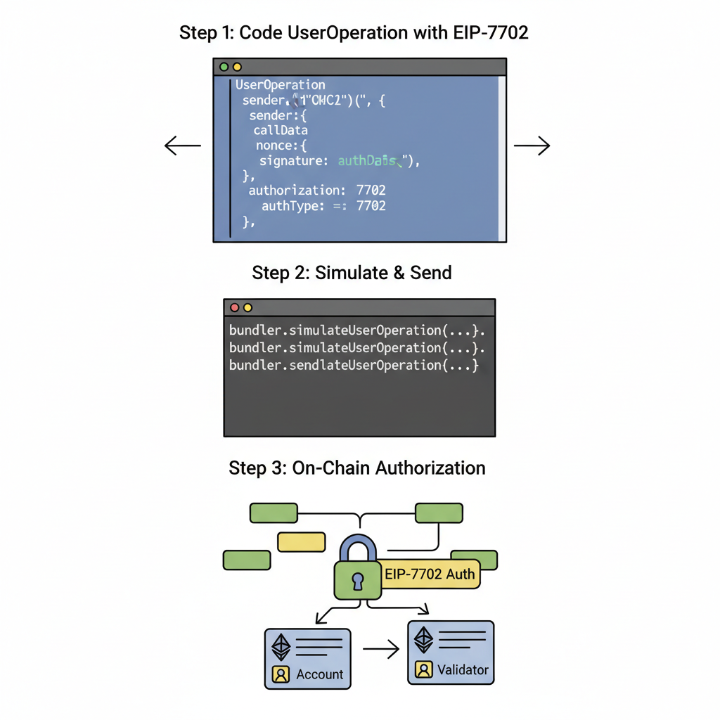 Code snippet building UserOperation with EIP-7702 auth, terminal output, Ethereum blockchain visualization