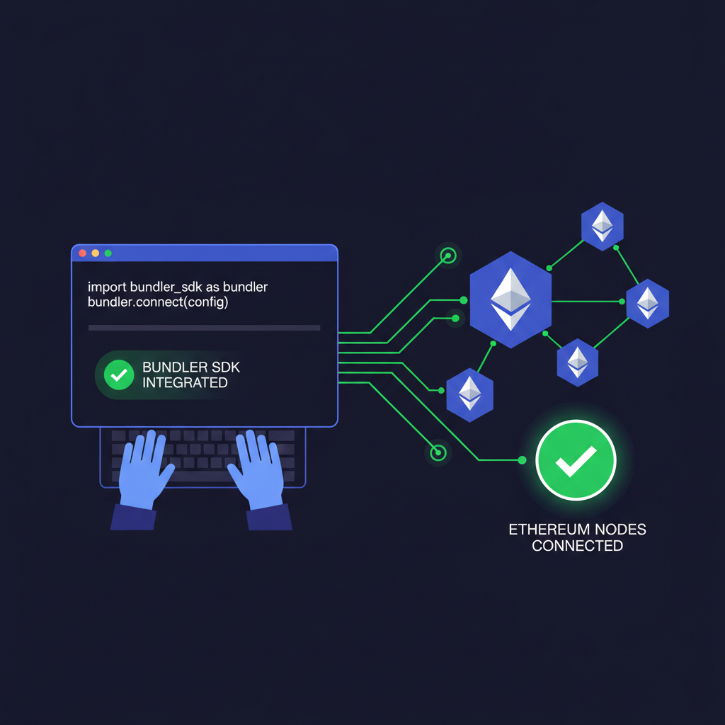 Developer integrating bundler SDK into code editor, Ethereum nodes connecting, green success indicators, dark mode