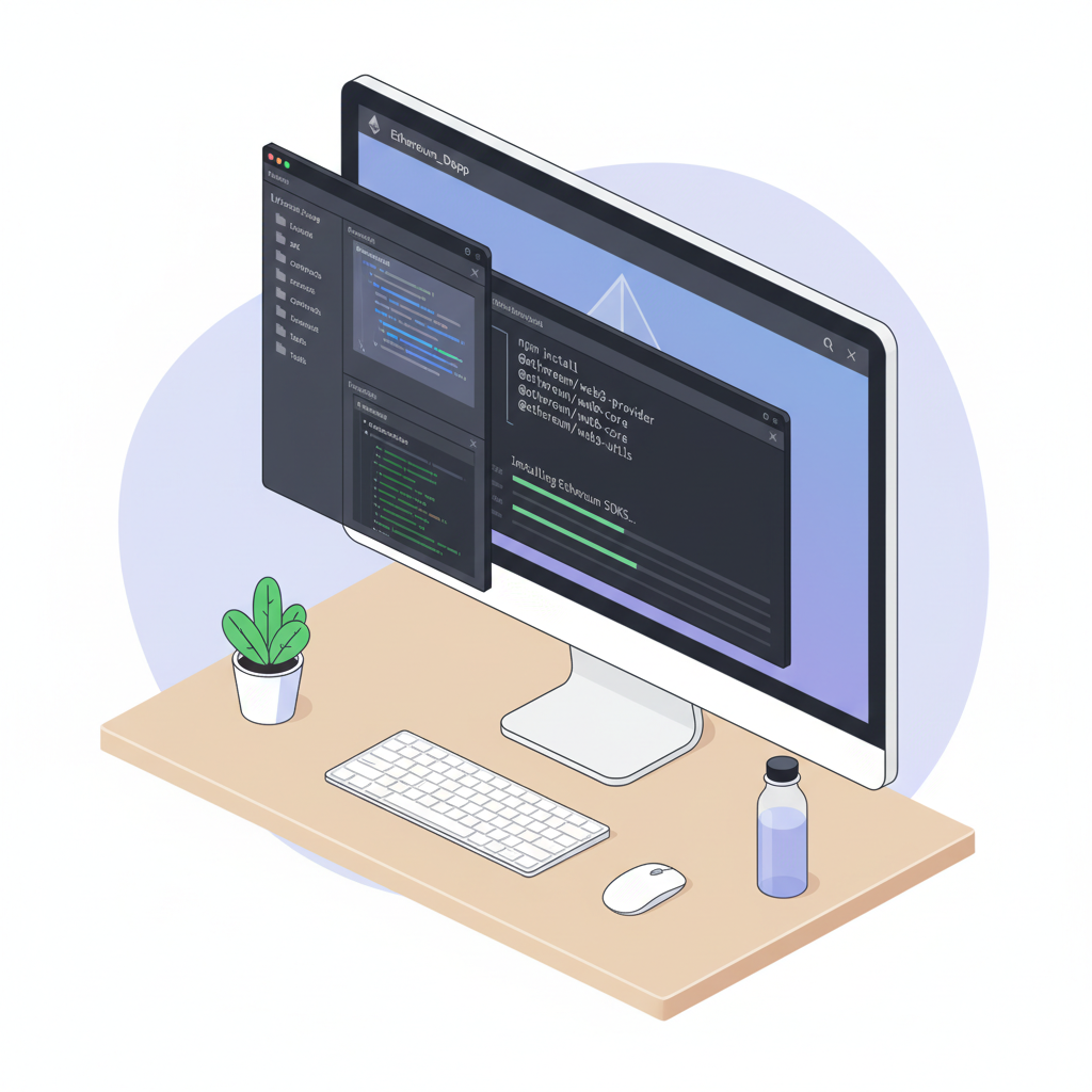 clean developer workspace with Node.js terminal installing Ethereum SDKs, code editor open, Ethereum logo subtle background