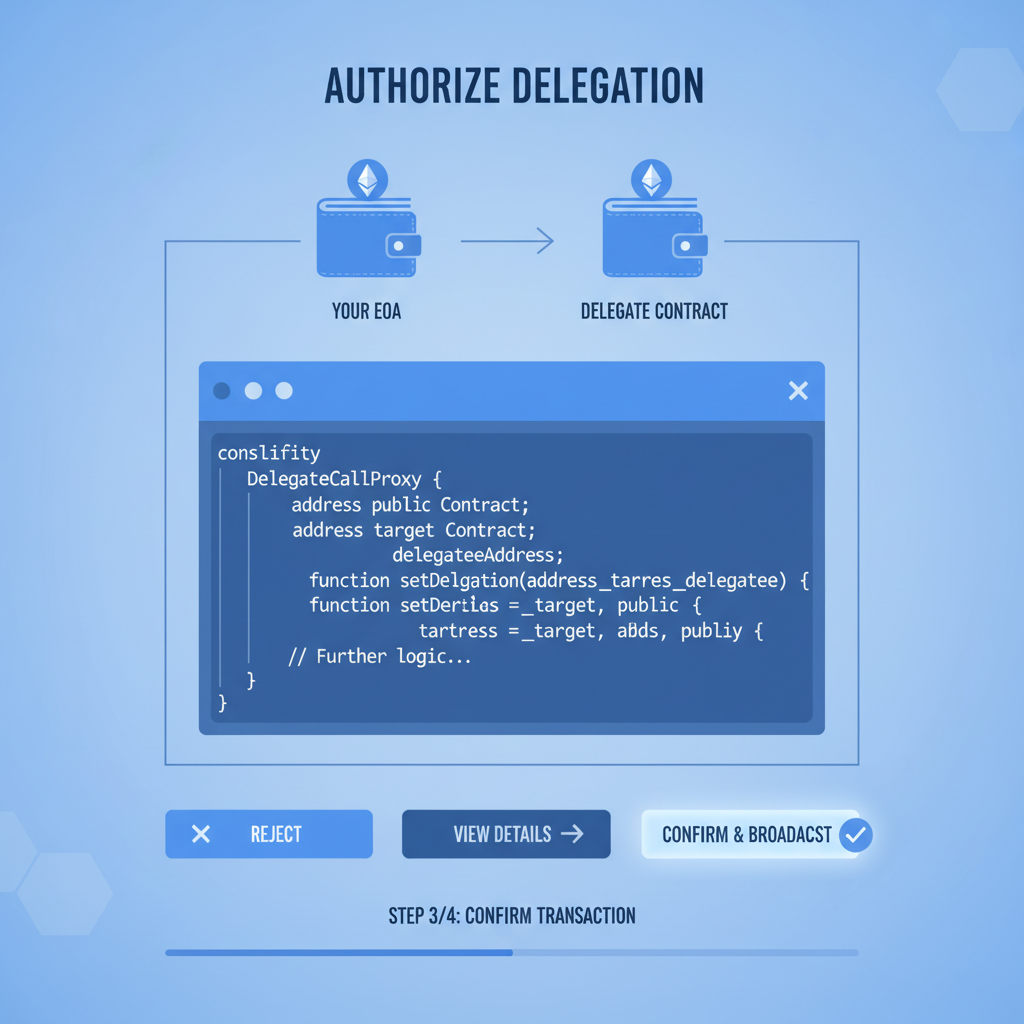 Ethereum EOA wallet authorizing smart contract delegation, clean UI with code snippet, blue tones, futuristic interface
