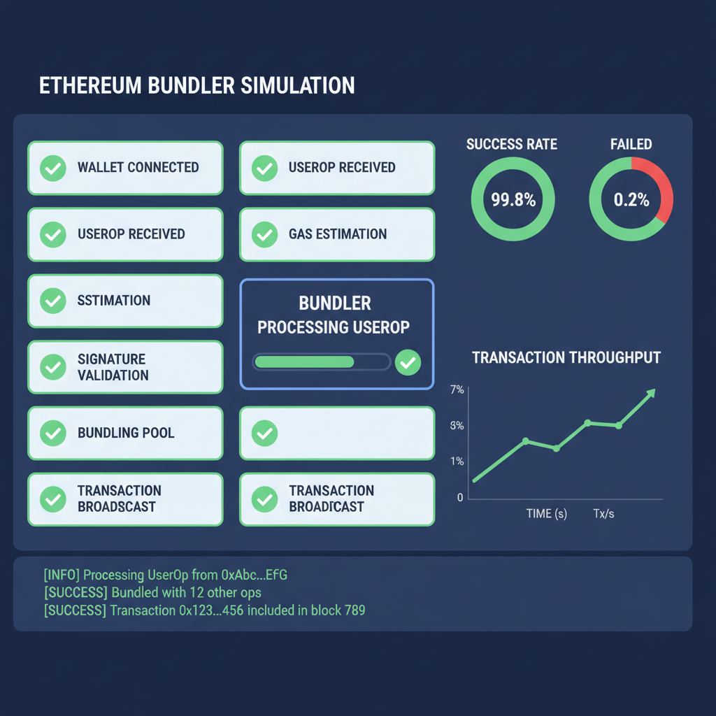 simulation dashboard screen with green checkmarks, Ethereum bundler processing UserOp, graphs showing success