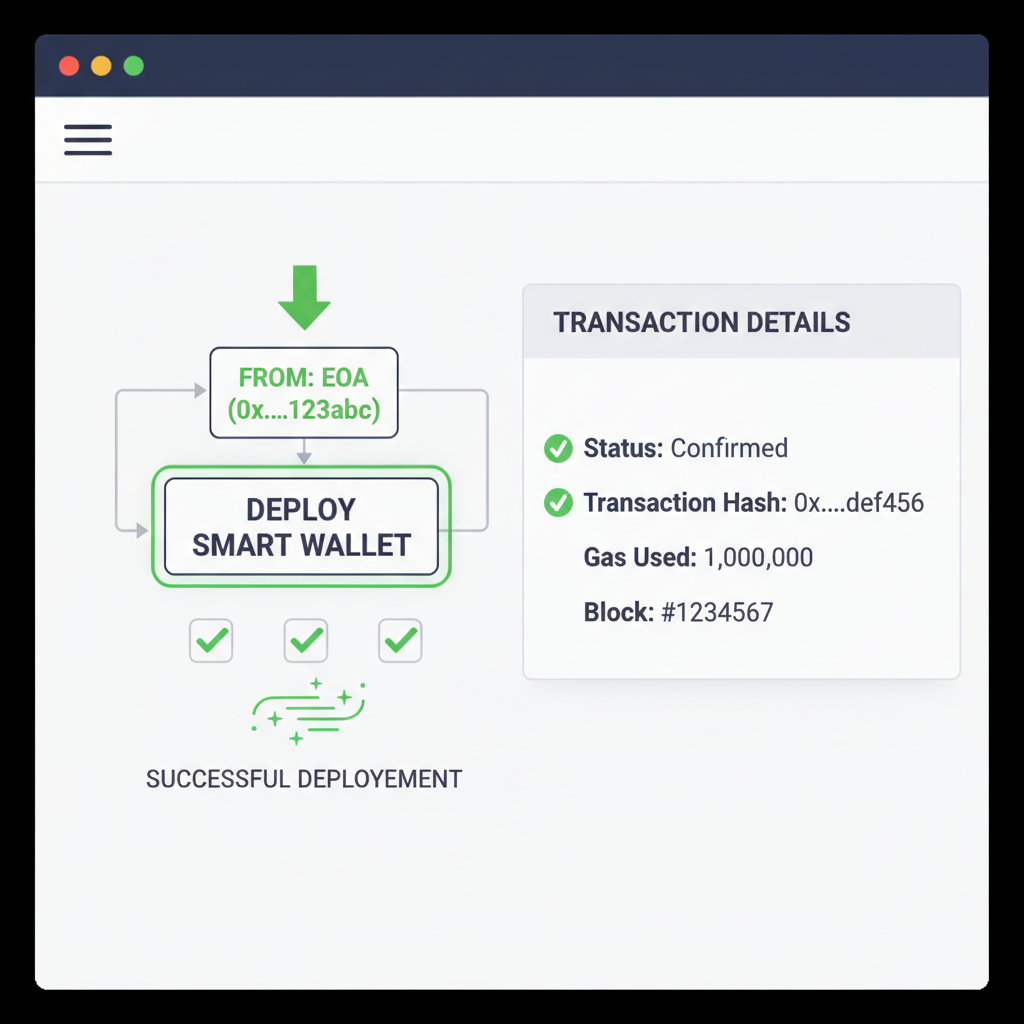 Blockchain explorer showing deployed smart wallet from EOA, transaction details, success animation, green highlights
