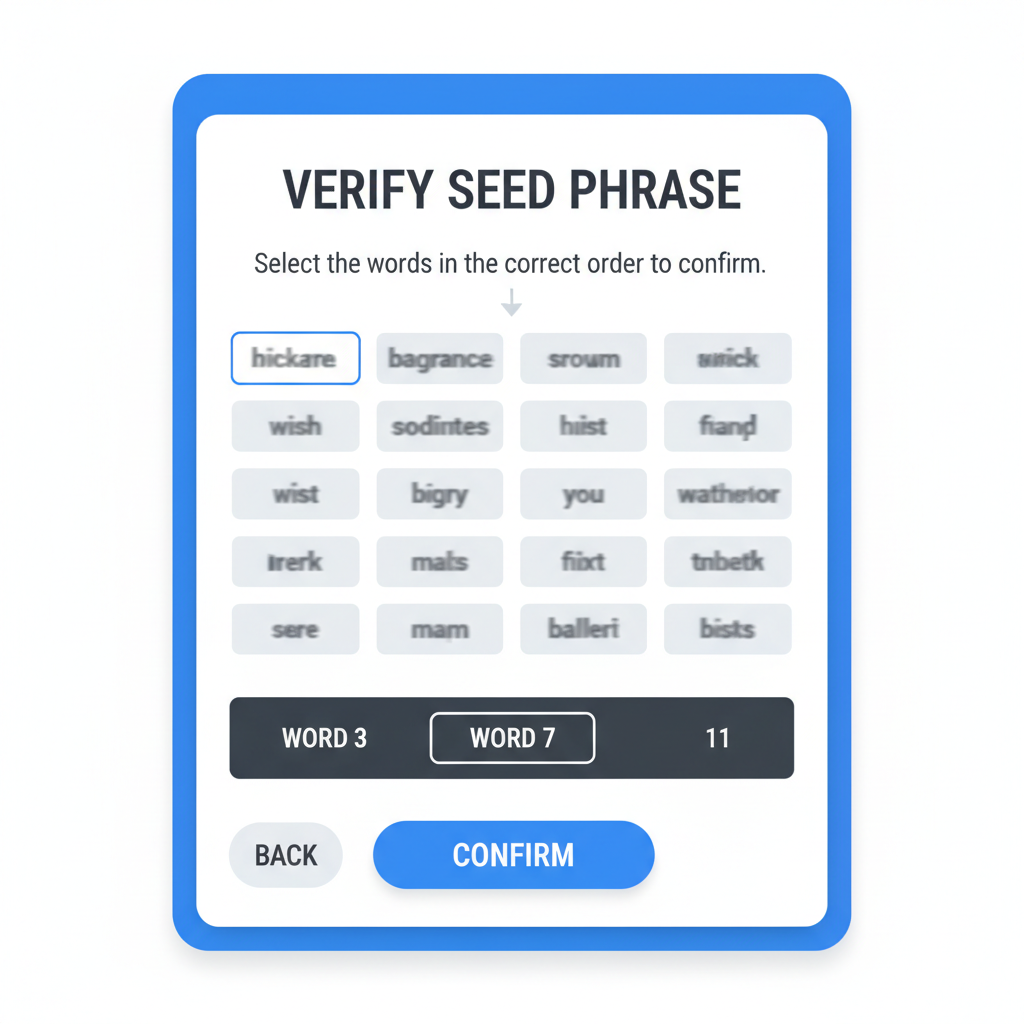 Ronin Wallet seed phrase verification screen with words blurred for security