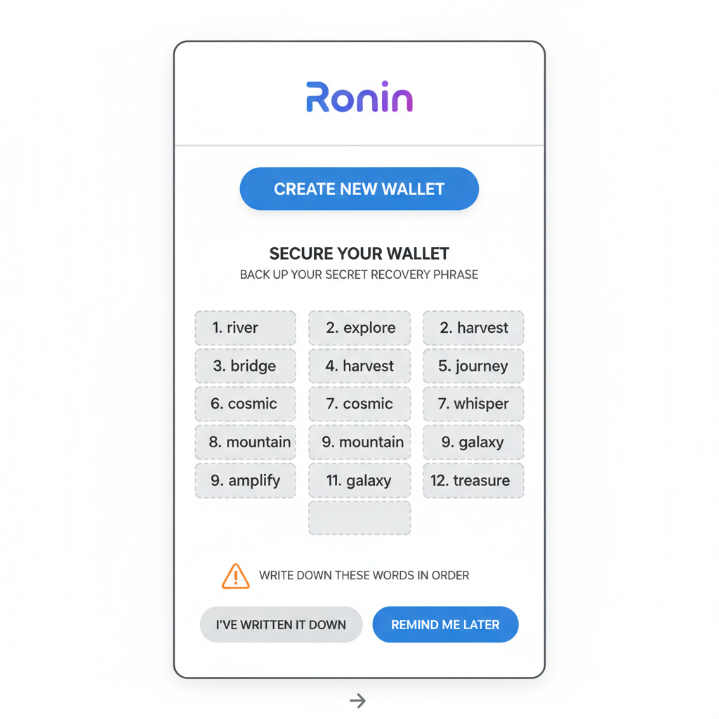 Ronin Wallet interface showing create new wallet screen with seed phrase backup prompt