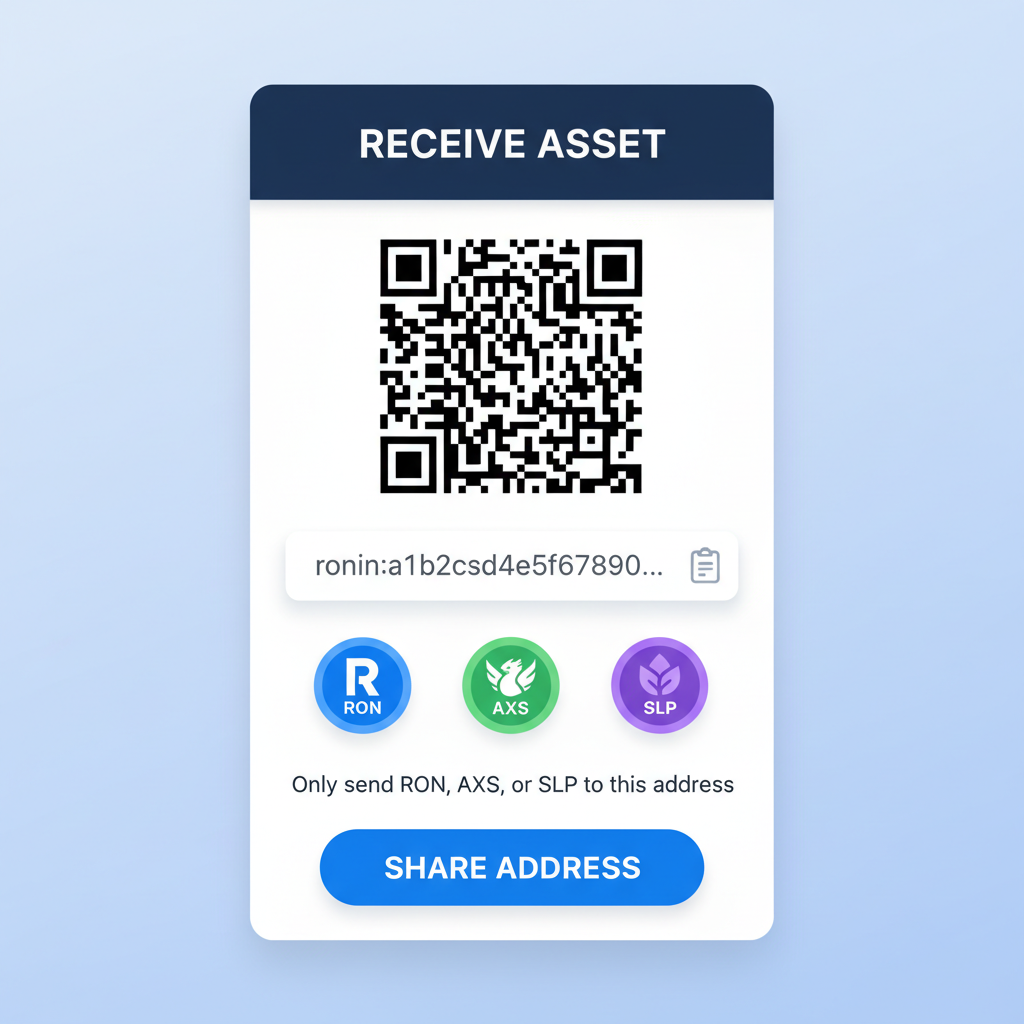 Ronin Wallet receive address screen with RON token icons