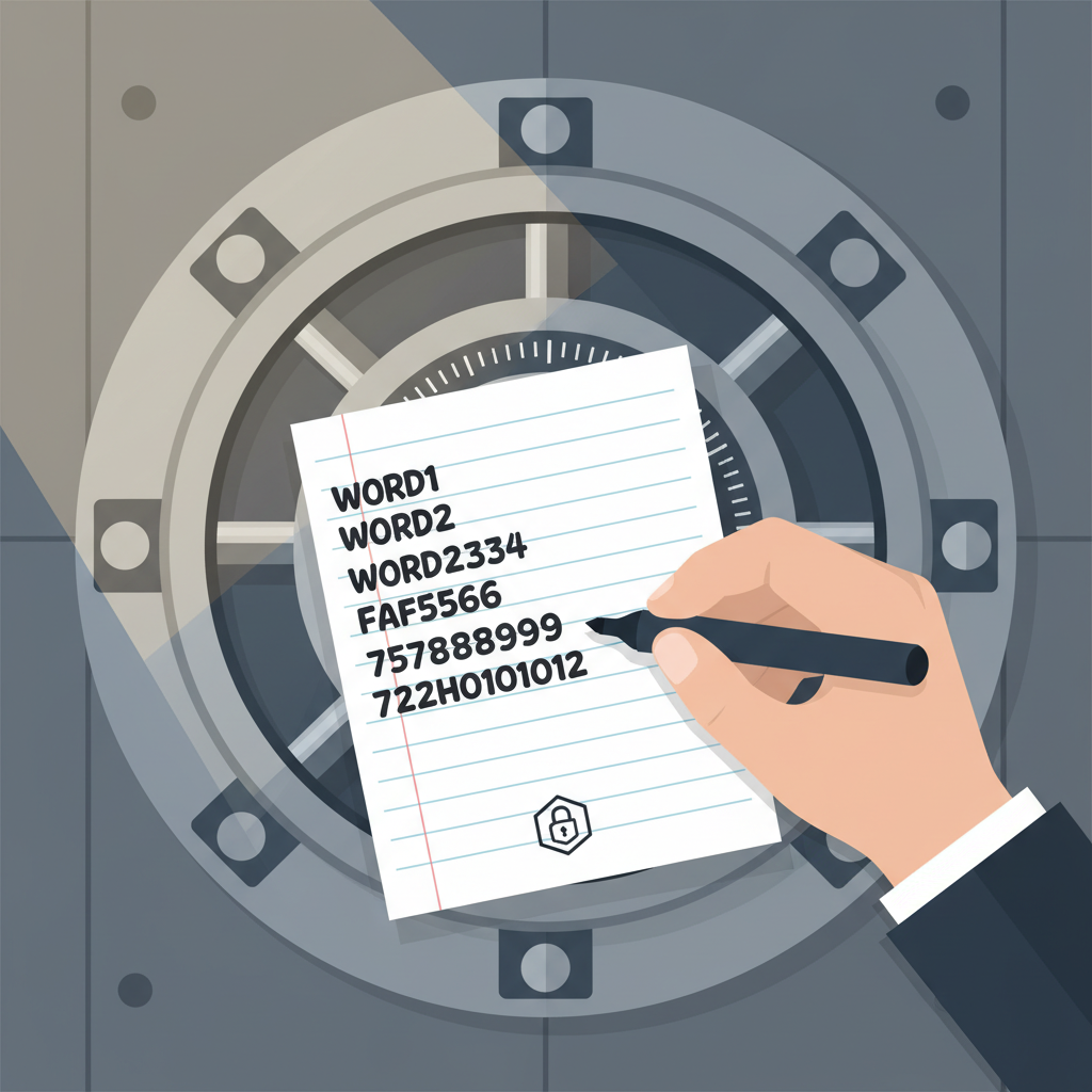 hand writing seed phrase on paper, secure vault background, minimalist illustration