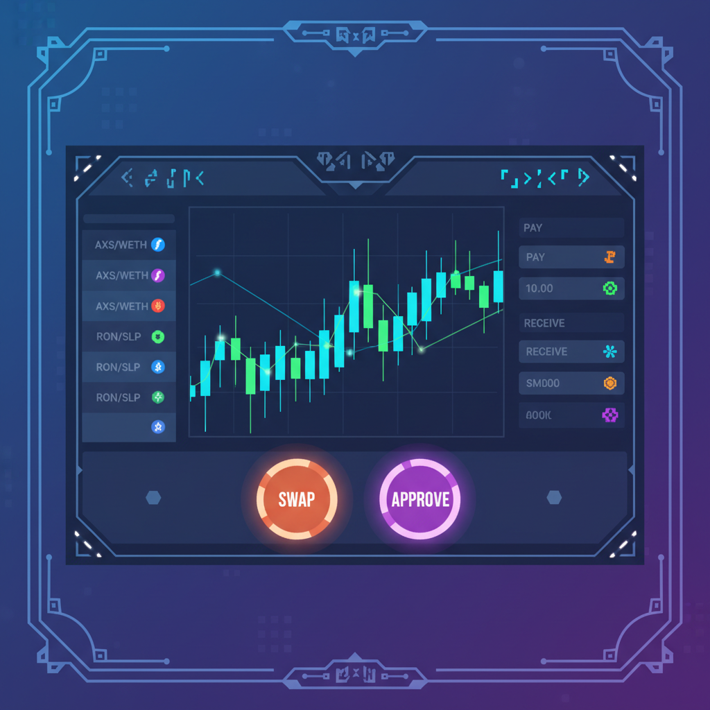 DEX trading interface on Ronin, charts and swap buttons glowing, gaming-themed UI
