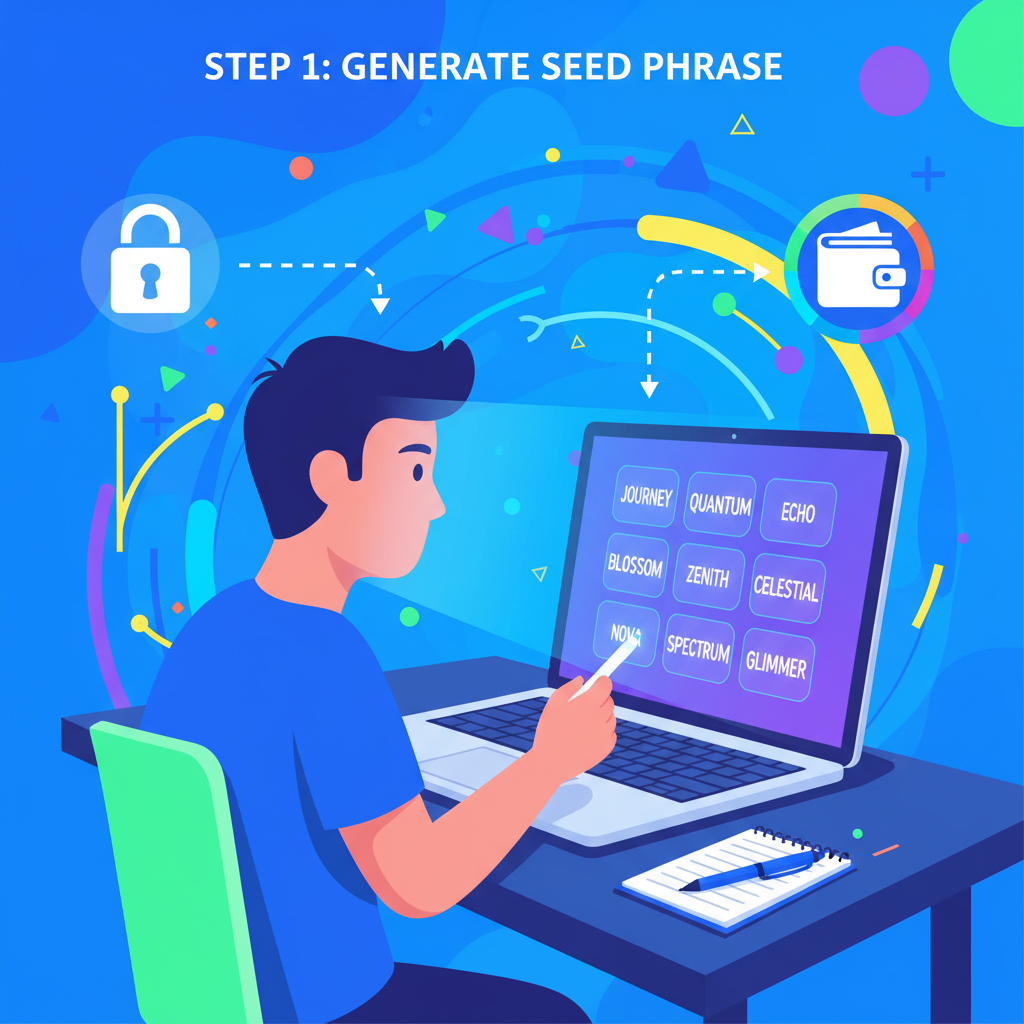 user creating new crypto wallet on laptop, glowing seed phrase screen, vibrant digital art