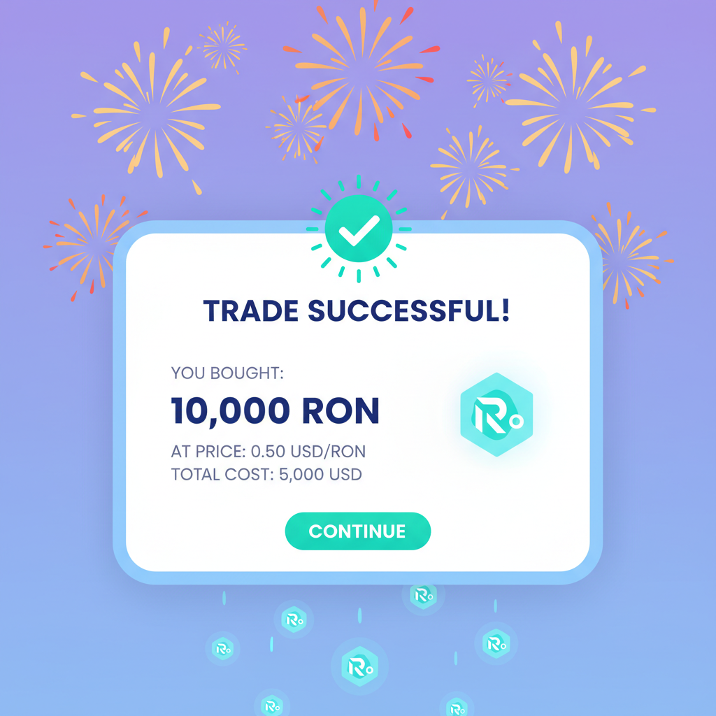 successful crypto trade confirmation screen, fireworks and RON tokens, celebratory vibe