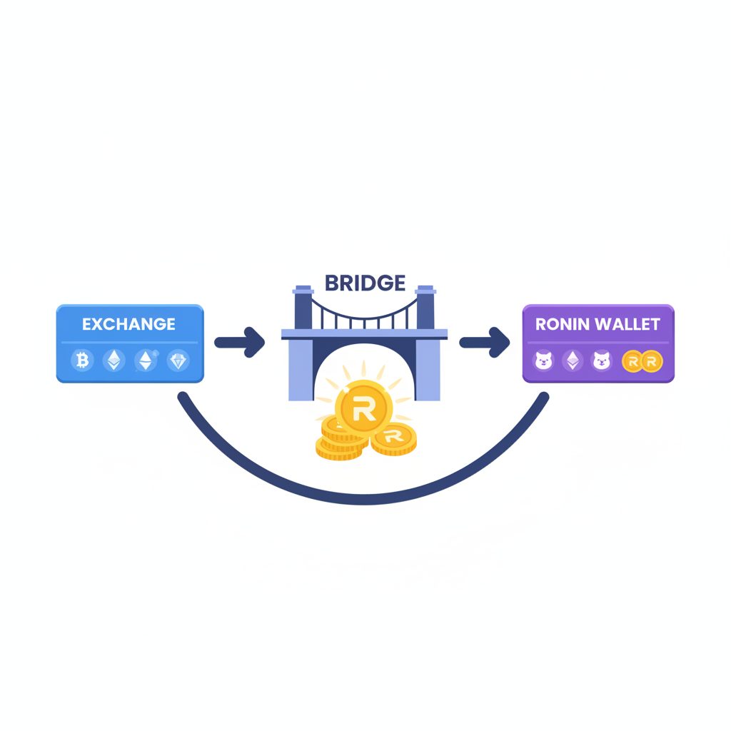 crypto tokens flowing from exchange to Ronin wallet, bridge graphic, golden RON coins