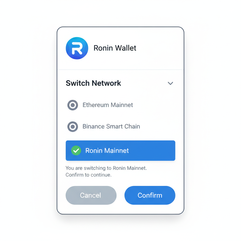 wallet interface screenshot showing network switch to Ronin Mainnet