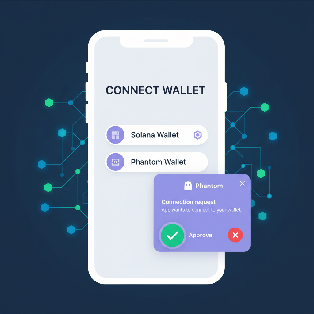 smartphone app interface connecting Solana wallet, Phantom wallet popup, green checkmark approval, blockchain nodes in background, clean UI