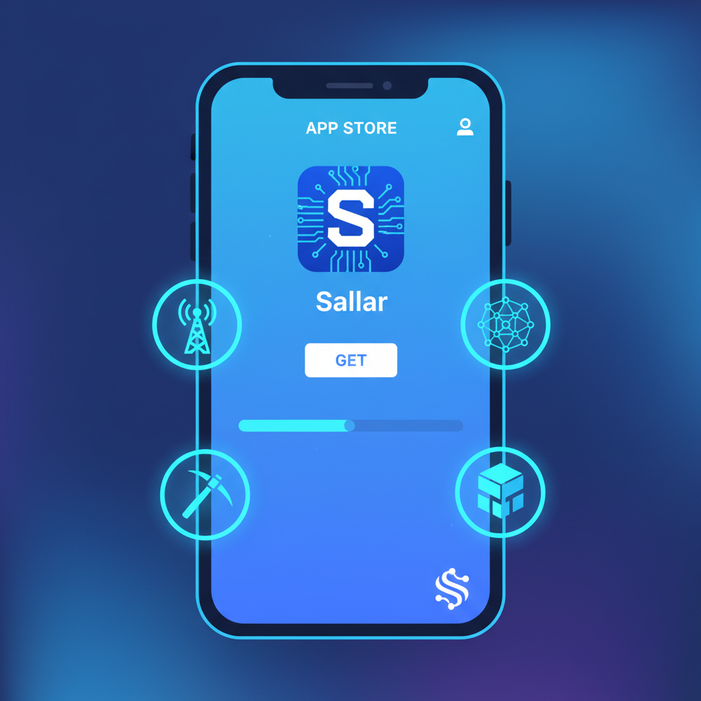 vibrant smartphone screen showing Sallar app download from app store, futuristic DePIN mining icons, Solana logo, energetic blue tones