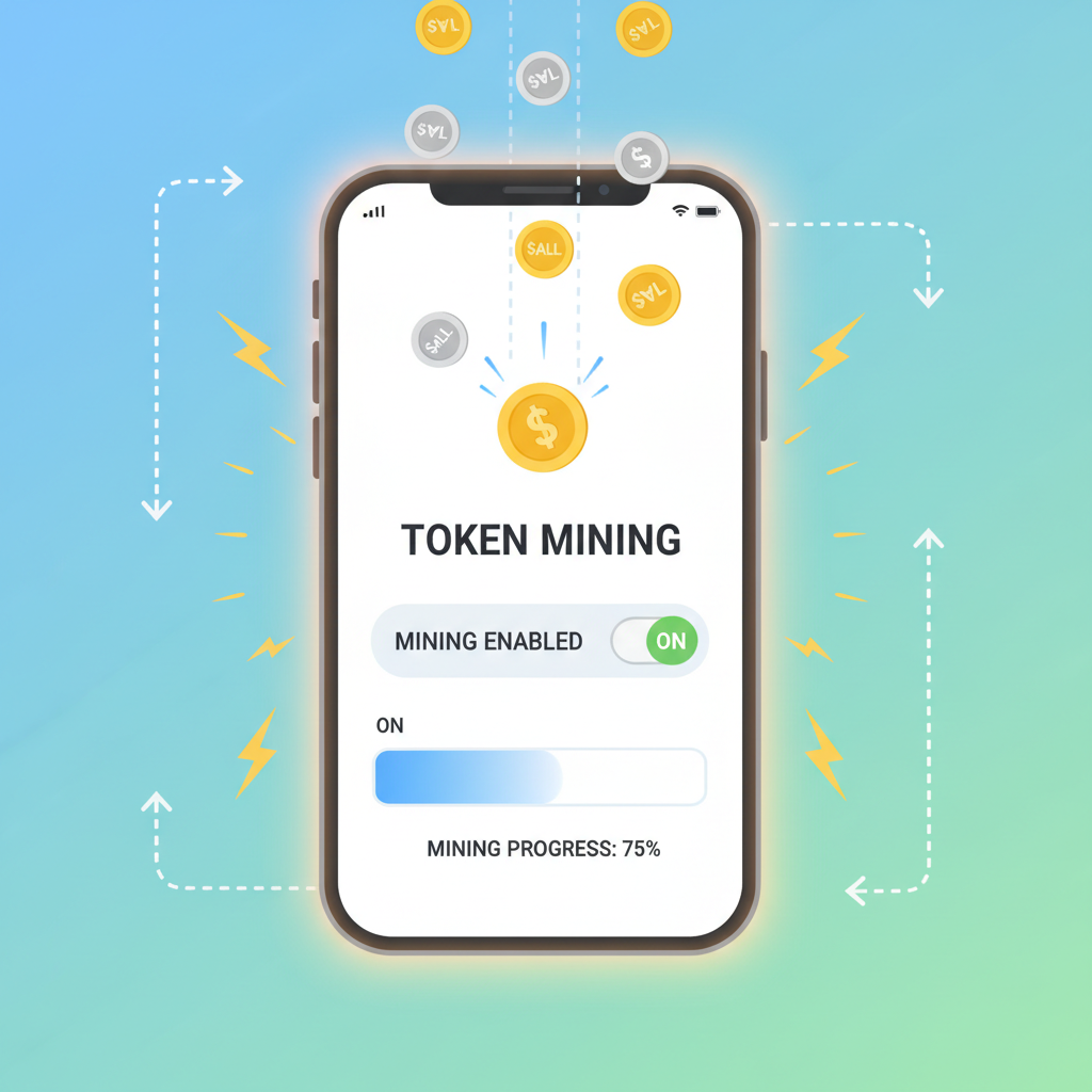 mobile app screen with mining enabled toggle switched on, progress bar filling, $ALL tokens raining down, smartphone glowing with compute power
