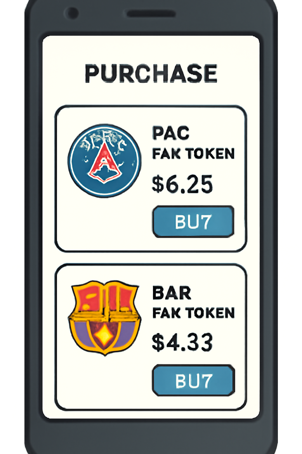 A smartphone screen displaying the purchase of PSG and BAR fan tokens, with their current prices and soccer team crests.