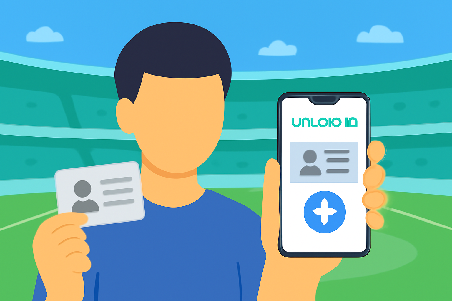 A person holding a smartphone, uploading an ID document, with a digital soccer stadium background.