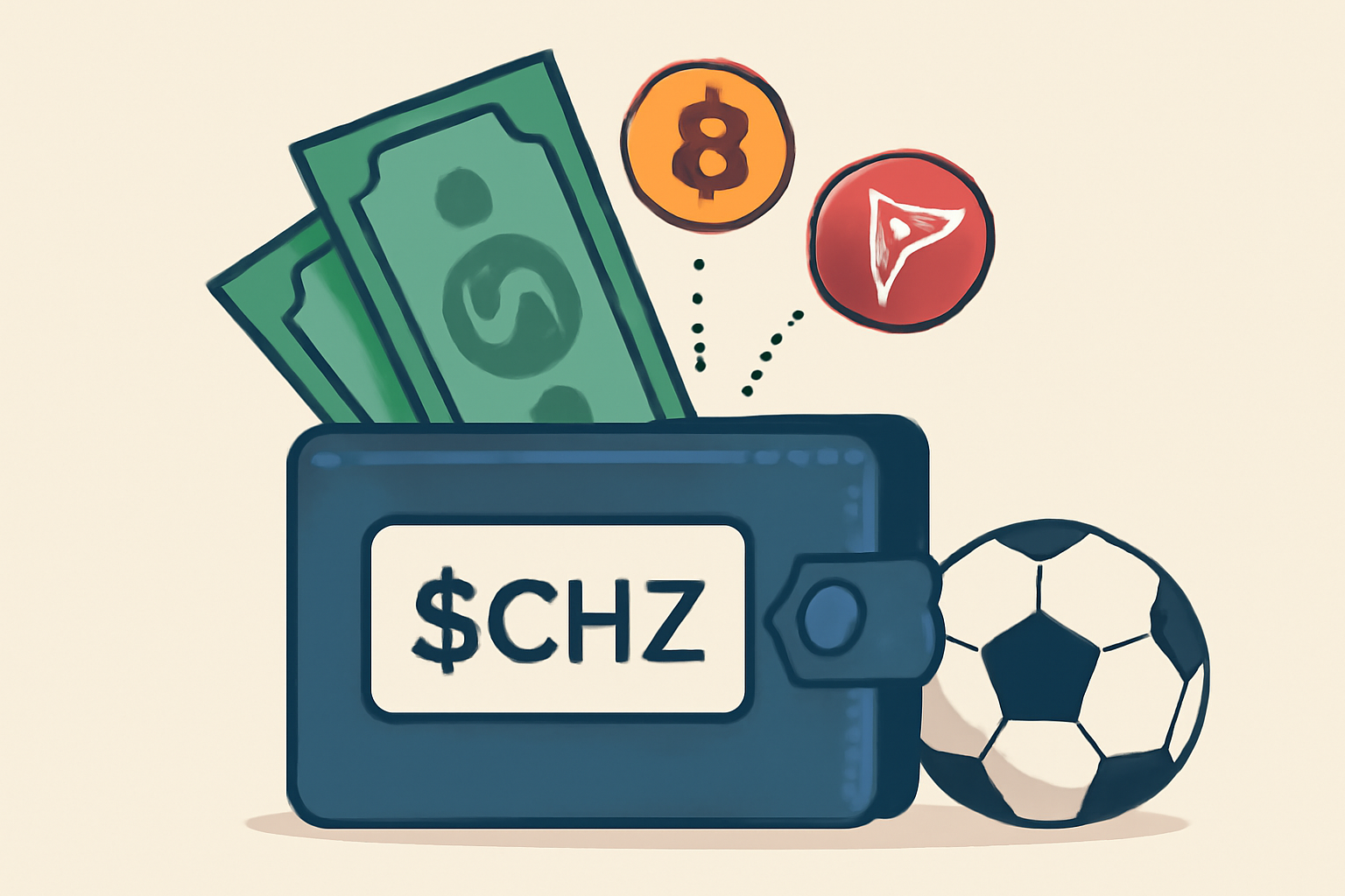 A digital wallet showing a $CHZ balance, with dollar bills and crypto coins entering the wallet, and a soccer ball nearby.