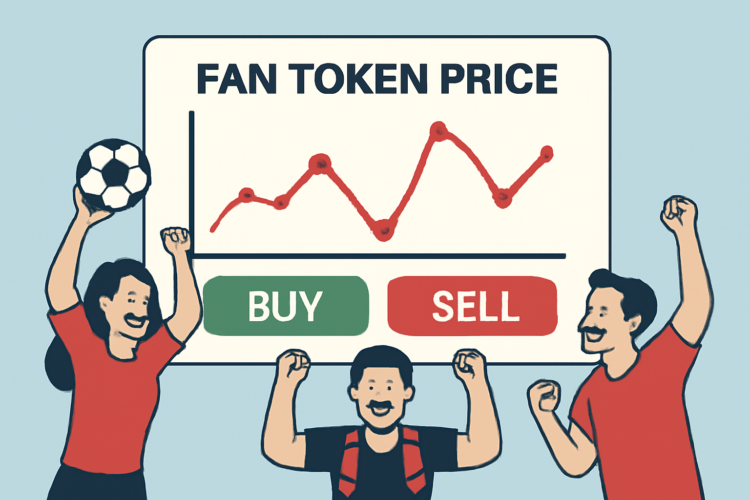 A digital dashboard showing fluctuating fan token prices, with buy/sell buttons and soccer fans celebrating.