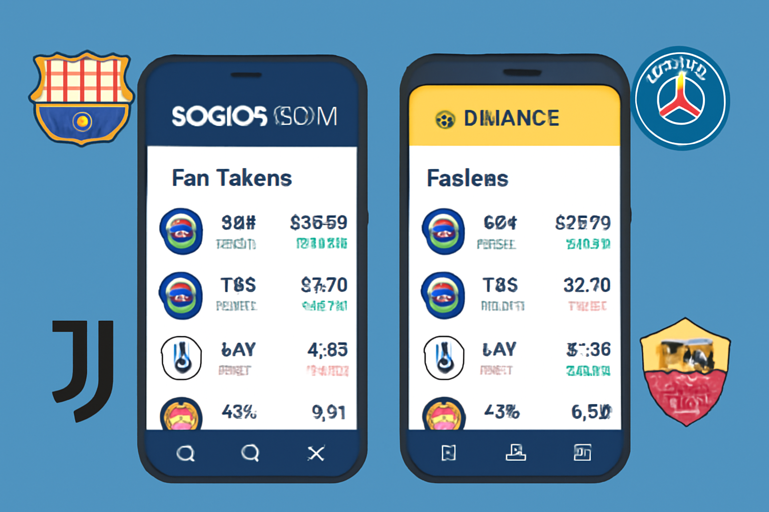 A split-screen showing the Socios.com app and Binance exchange interface, both displaying soccer fan tokens, with soccer team logos in the background.