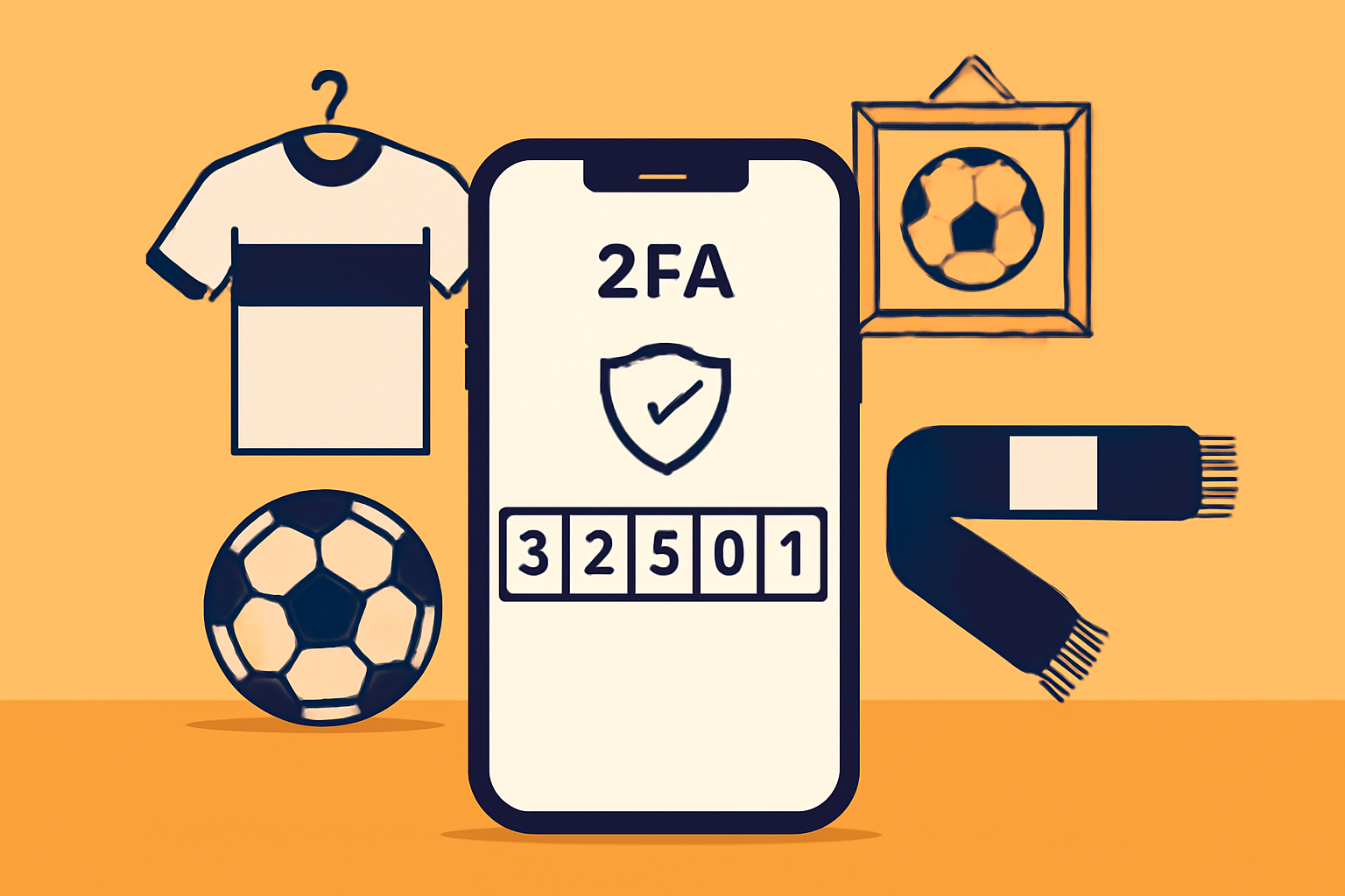 A smartphone with a 2FA security code and a shield icon, with soccer memorabilia in the background.