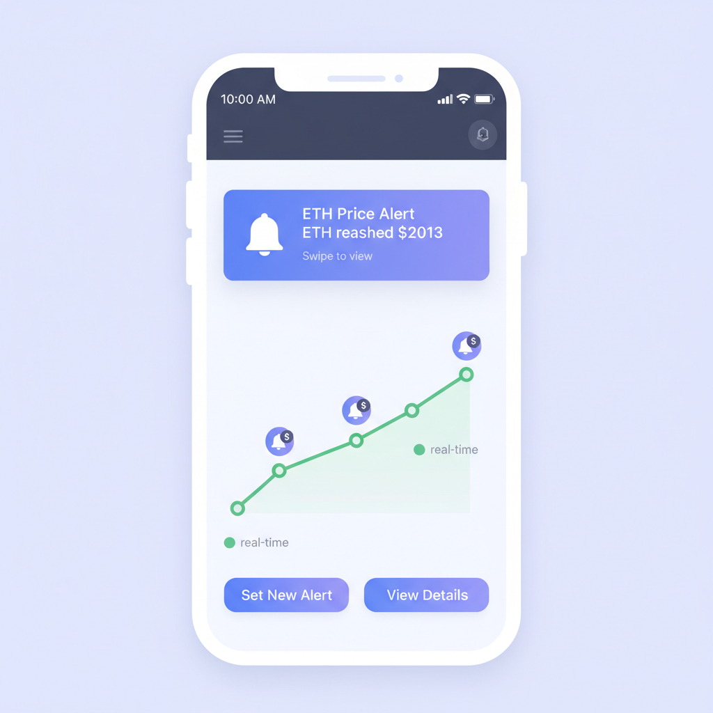 mobile alert notification for ETH price $2013, bell icon, real-time chart with notifications