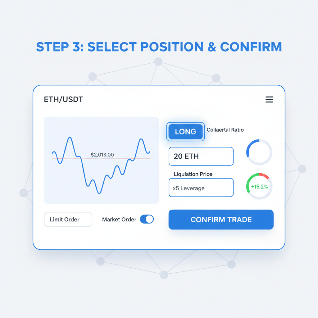 margin trading interface selecting ETH position, charts with $2013 price, clean DeFi app design