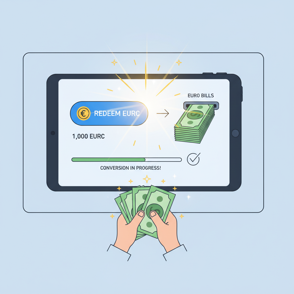 user redeeming EURC to euro bills on screen, smooth conversion flow, celebratory glow