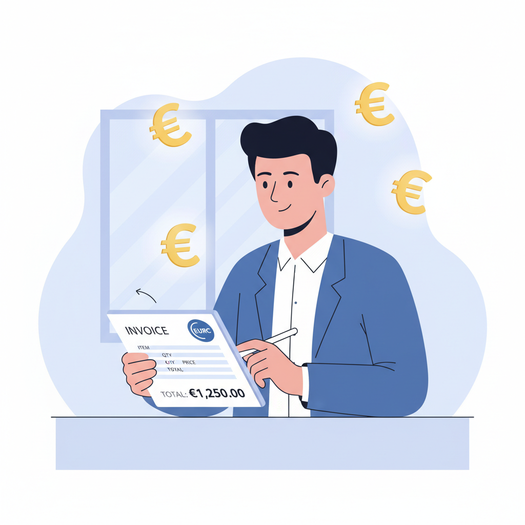 business professional creating digital invoice with EURC logo on tablet, euro symbols floating