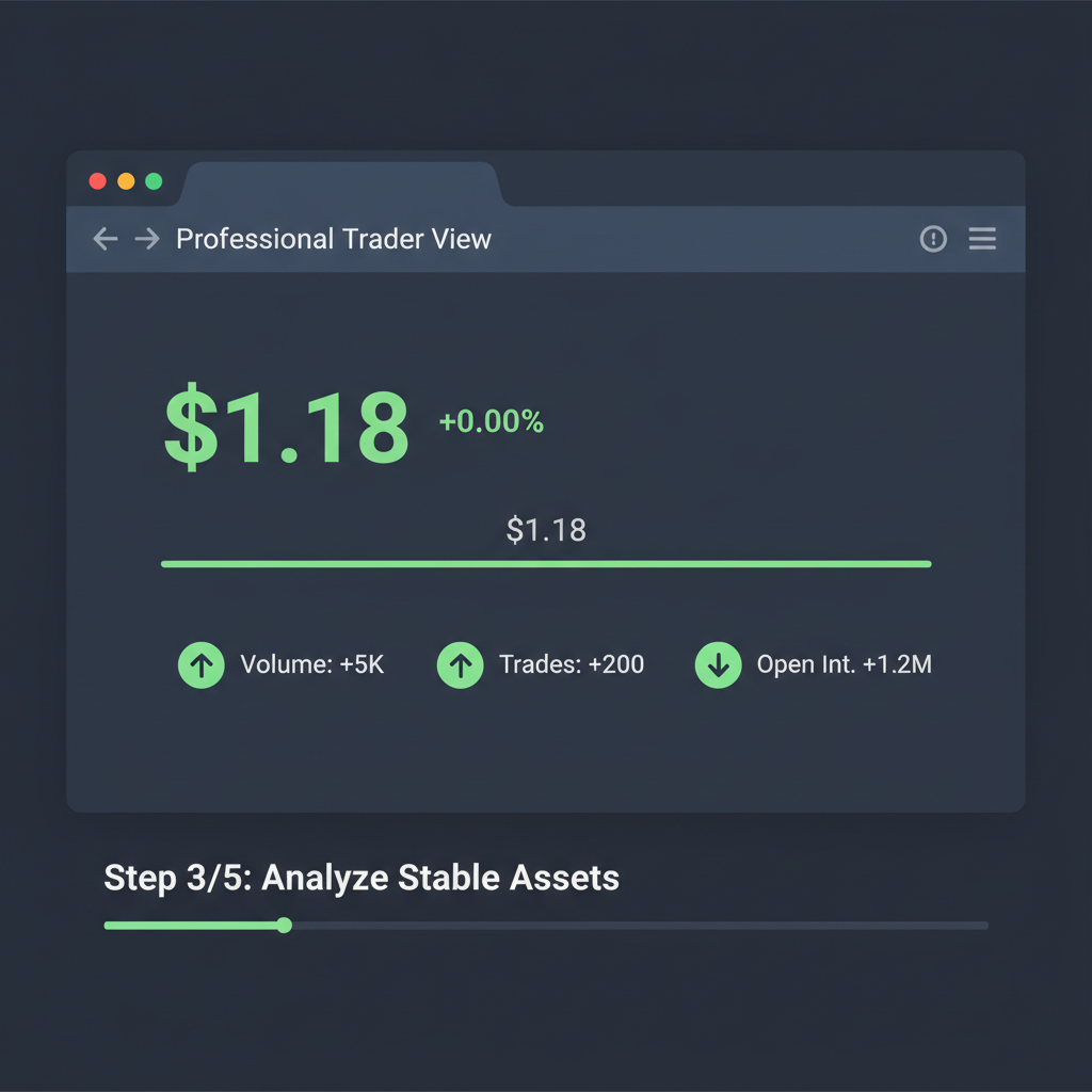 dashboard chart showing stable EURC price line at $1.18, green metrics, professional trader view