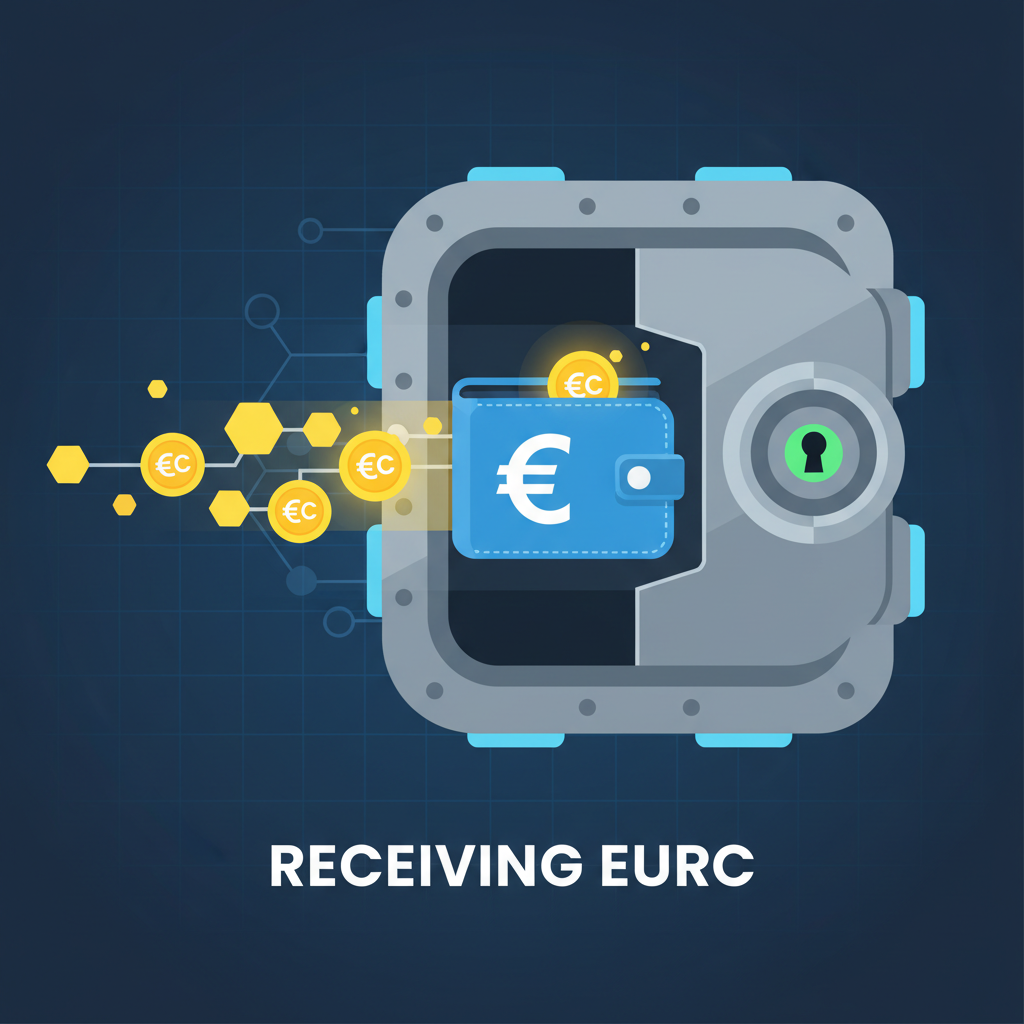 wallet receiving glowing EURC coins on blockchain network, secure vault aesthetic