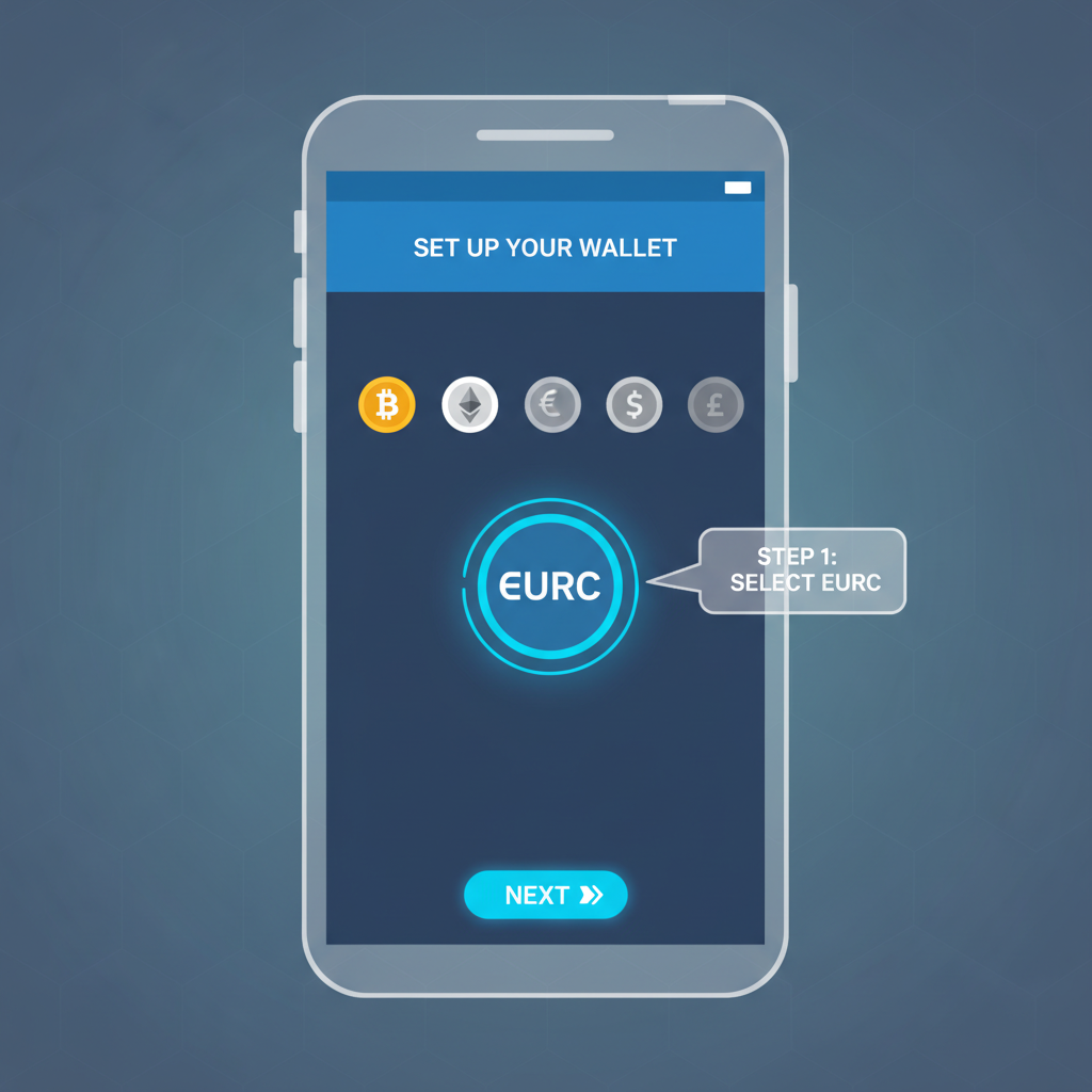 sleek mobile app interface showing multi-currency wallet setup with EURC icon highlighted, futuristic UI