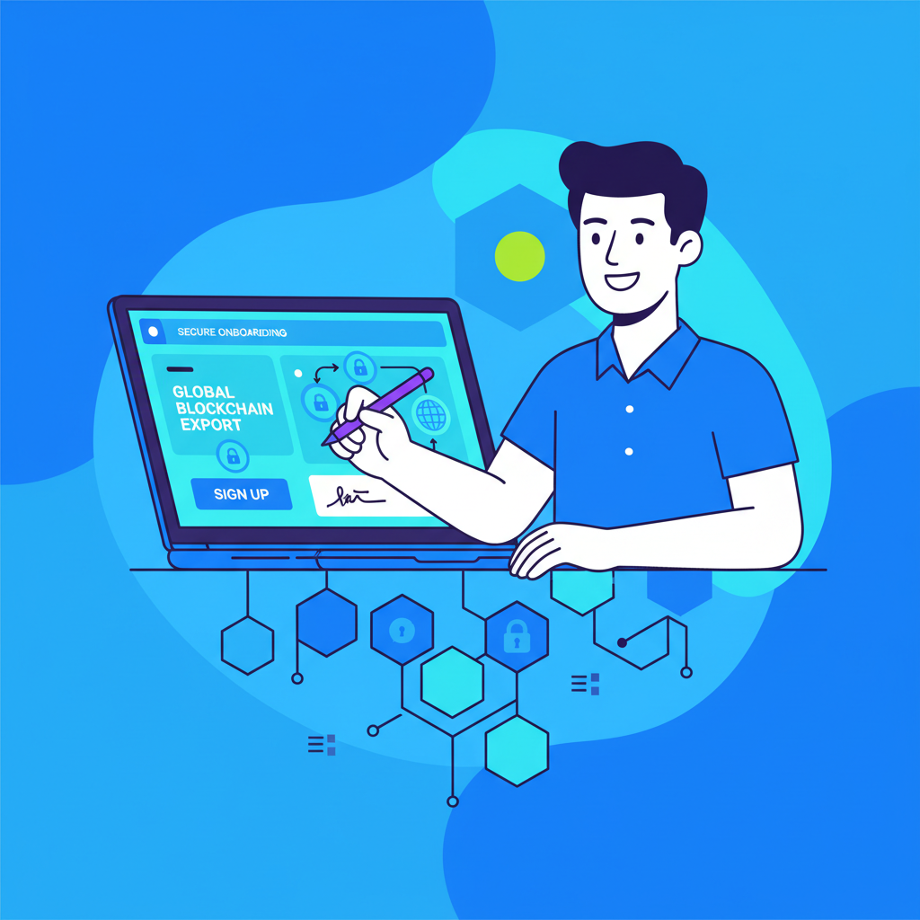exporter smiling at laptop signing up on modern fintech platform, blockchain elements, vibrant blues