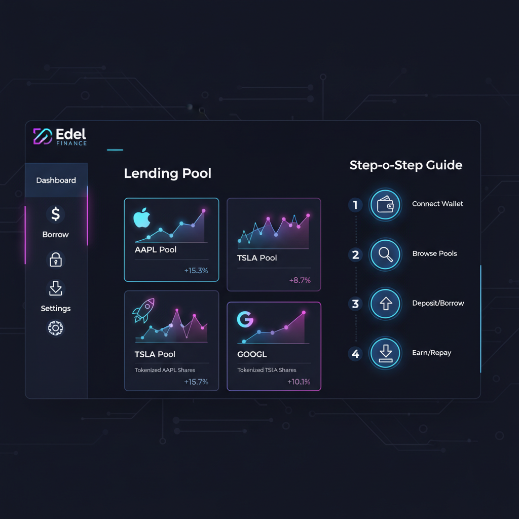 modern DeFi dashboard for Edel Finance, lending pools with tokenized stock charts, dark mode cyberpunk style