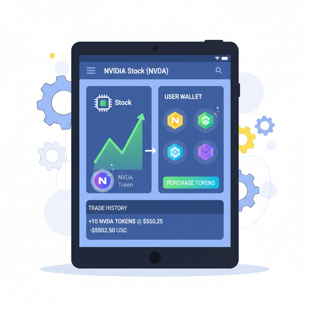 DeFi app purchasing tokenized NVIDIA stock, stock charts and tokens exchanging, vibrant market dashboard