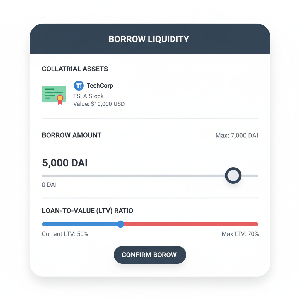 borrowing liquidity against stock collateral in DeFi app, borrow slider and LTV metrics