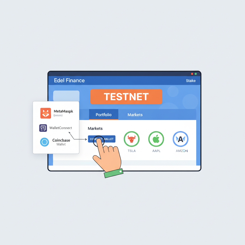 user connecting wallet to Edel Finance DeFi dashboard, testnet banner, tokenized stocks icons