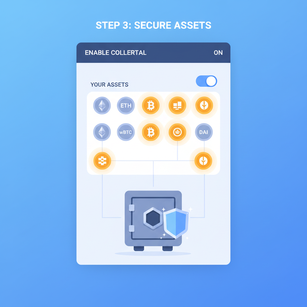 enabling collateral toggle on DeFi interface, collateral assets lighting up, secure vault visualization
