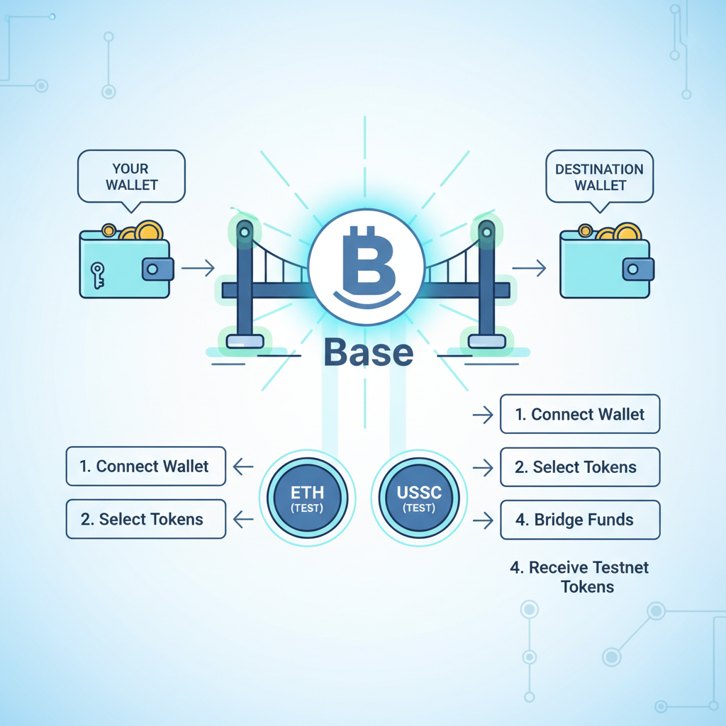 crypto wallet funding with testnet tokens, bridge interface glowing, Base chain logo prominent