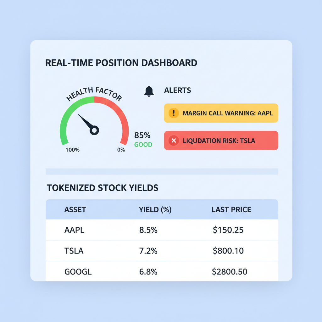 real-time position dashboard with health factor meter, alerts, tokenized stock yields