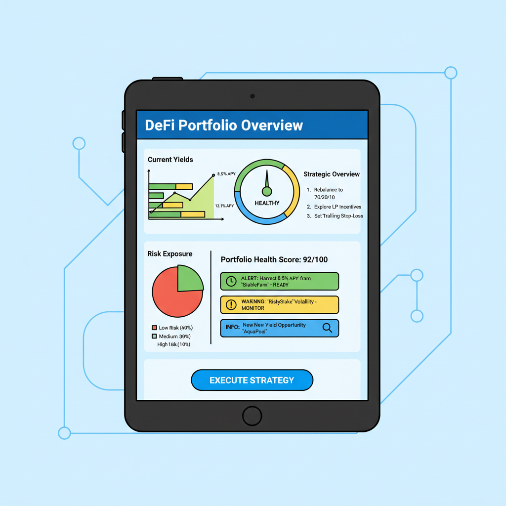 DeFi portfolio dashboard monitoring yields and risks, charts and alerts, strategic overview