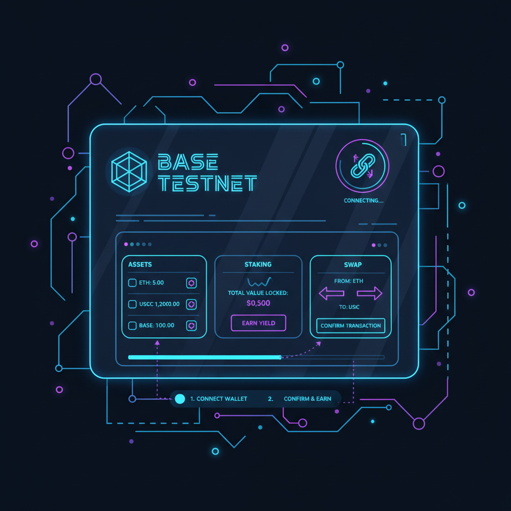 futuristic wallet interface connecting to Base blockchain testnet, neon blue tones, DeFi dashboard
