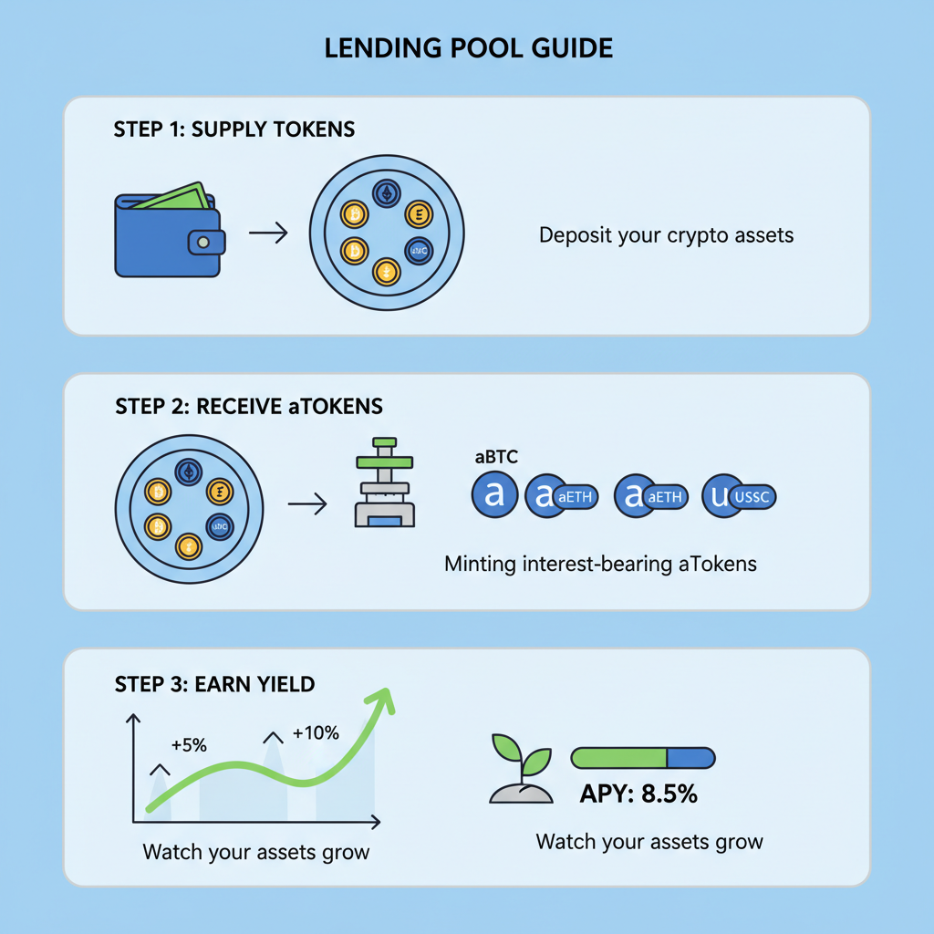supplying tokenized stocks in lending pool UI, aTokens minting, yield graphs rising