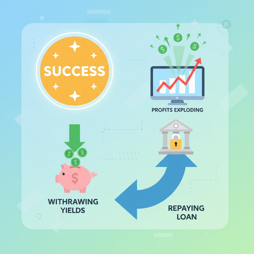withdrawing yields and repaying loan, profits exploding in charts, success animation