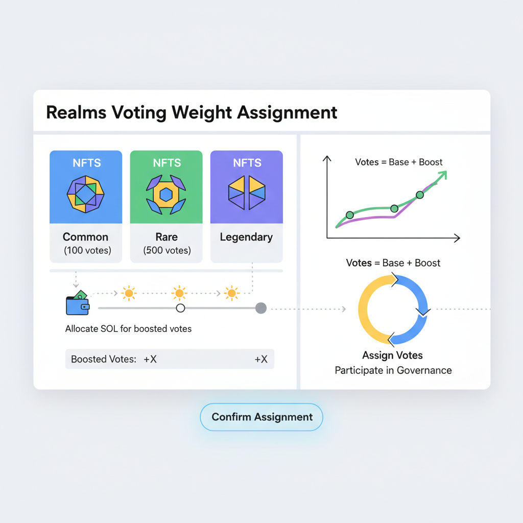 Realms voting weight assignment interface, NFT tiers with vote numbers, Solana tokens flowing, educational graph