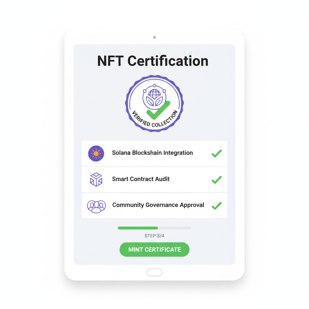 Realms DAO NFT certification screen, verified collection badge, Solana blockchain icons, green checkmarks