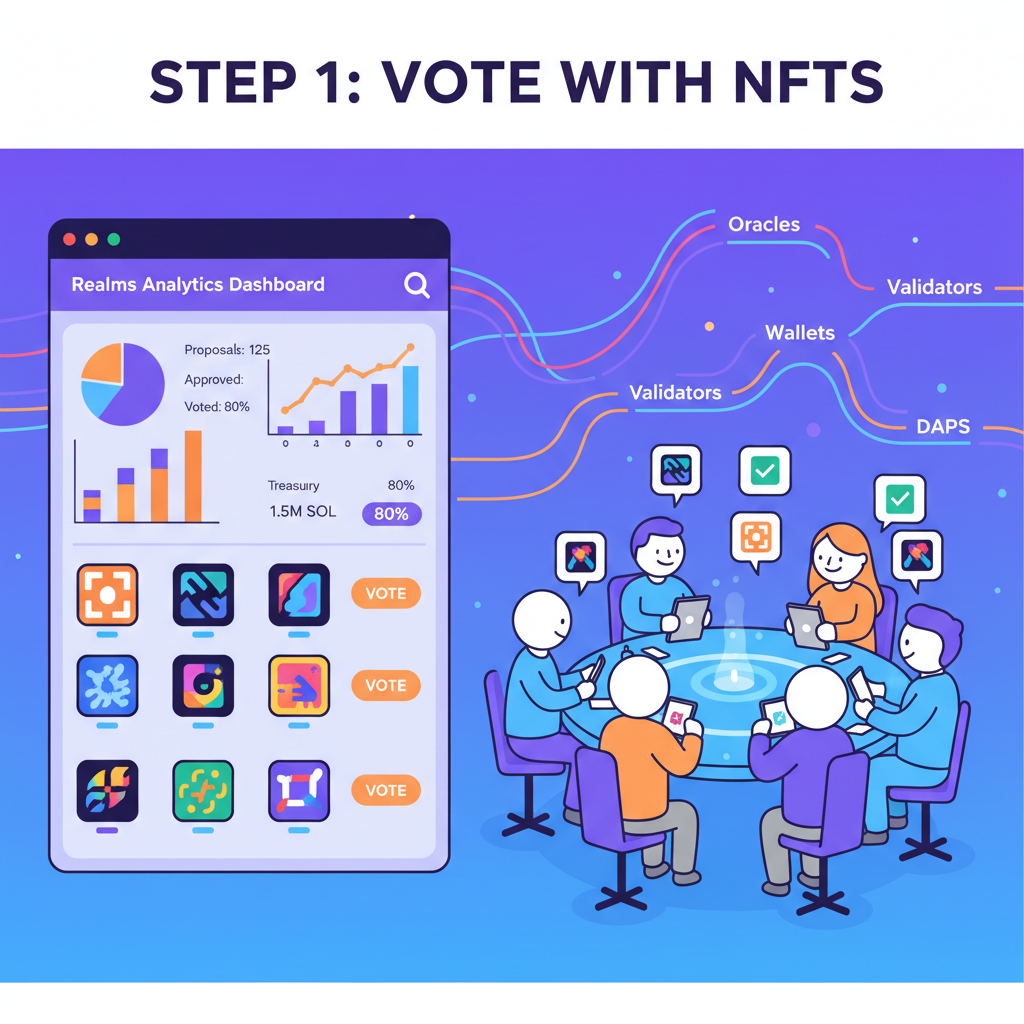 DAO members voting with NFTs, Realms analytics dashboard, active community scene, vibrant Solana ecosystem